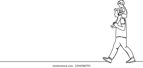 continuous single line drawing of dad carrying toddler son on his shoulders, line art vector illustration