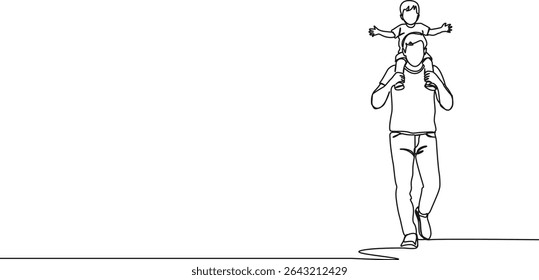 continuous single line drawing of dad carrying young son on shoulders, line art vector illustration