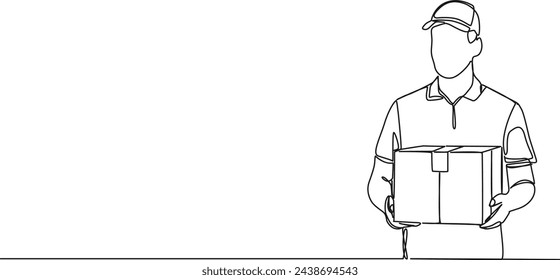 continuous single line drawing of delivery person holding parcel, line art vector illustration