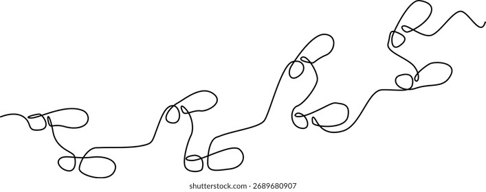 Um desenho contínuo de uma única linha retrata uma sequência de figuras humanas abstratas rastejando ou avançando, ilustrando um conceito de progressão ou evolução sobre um fundo branco.