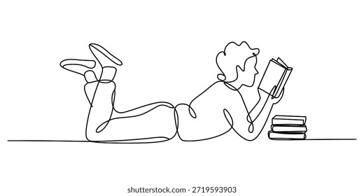 Un dibujo continuo de una sola línea representa a una persona joven acostada boca abajo leyendo un Vector de libro, ilustración