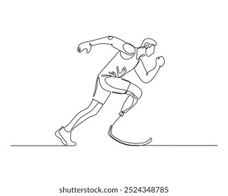 Desenho contínuo de uma única linha de um determinado atleta com pernas protéticas, correndo com paixão e velocidade. Simboliza resiliência, superação de adversidades e o poder dos esportes para inspirar.