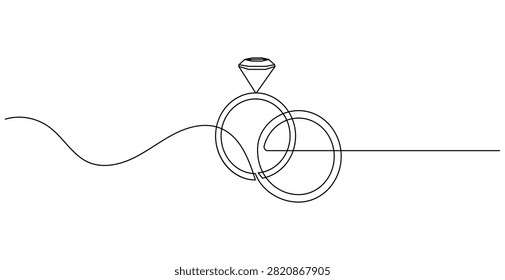 Continuous single line drawing of a diamond engagement ring.