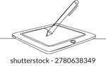 Continuous single line drawing of a digital tablet and stylus pen showing a modern electronic device for creative graphic design work and digital art production Continuous Line Art Vector Illustration