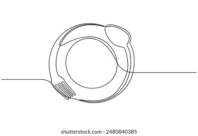 continuous single line drawing of dinner concept, plate with fork, knife and spoon, line art vector illustration, Continuous one line plate. Hand drawing art dinner theme with linear plate spoon knife