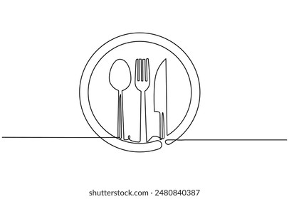 continuous single line drawing of dinner concept, plate with fork, knife and spoon, line art vector illustration, Continuous one line plate. Hand drawing art dinner theme with linear plate spoon knife