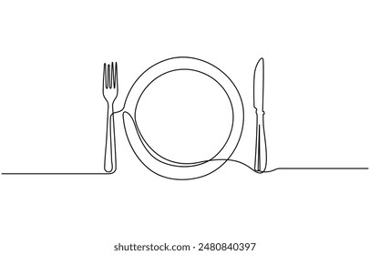 continuous single line drawing of dinner concept, plate with fork, knife and spoon, line art vector illustration, Continuous one line plate. Hand drawing art dinner theme with linear plate spoon knife