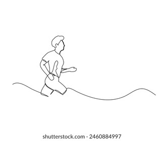 Continuous single line drawing of a disabled man jogs casually on an uphill road. Healthy sport training concept. Design vector illustration