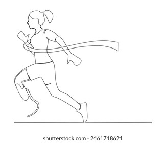 Dibujo continuo de una sola línea de la mujer discapacitada con la pierna artificial llega a la línea de meta en el primer lugar en una carrera de carreras. Concepto de entrenamiento deportivo saludable. Ilustración del evento de competencia