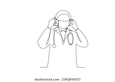 Continuous single line drawing of a doctor getting ready to see a patient wearing a mask