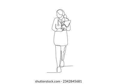 Un dibujo continuo de una sola línea de un médico está entrando a la habitación del paciente con un archivo