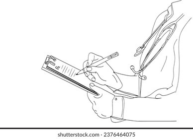 Continuous Single Line Drawing of Doctor: Vector Illustration of Hospital Physician Documenting Patient, Vector Illustration of Doctor's Paperwork: Hospital Physician in Personal Protective Equipment