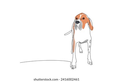 Continuous single line drawing of dog. One line silhouette of hunting breed dog. Hand drawing of cute pet for design. Minimalist linear sketch of pet with color shapes. Editable stroke vector element