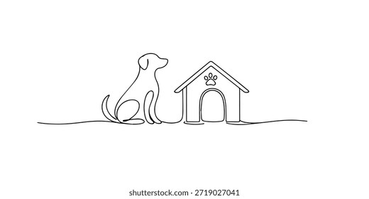 Dibujo continuo de una sola línea de un perro sentado al lado de una perrera, que simboliza la lealtad, el hogar, el cuidado de las mascotas, el compañerismo y un estilo de vida minimalista tranquilo