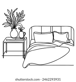 Continuous single line drawing of a double bed and table with a potted plant in a simple linear style. Vector illustration.