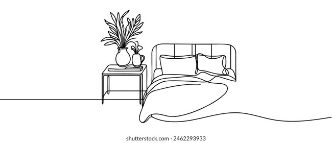 Continuous single line drawing of a double bed and table with a potted plant in a simple linear style. Vector illustration.