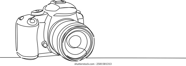 continuous single line drawing of DSLR camera, line art vector illustration