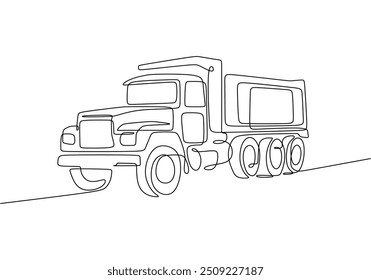 Continuous single line drawing of a dump truck. Features a construction vehicle in a minimalist vector illustration design.