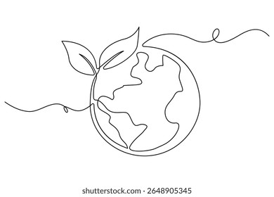 Continuous single line drawing of Earth with plant sprout symbol for sustainability and growth
