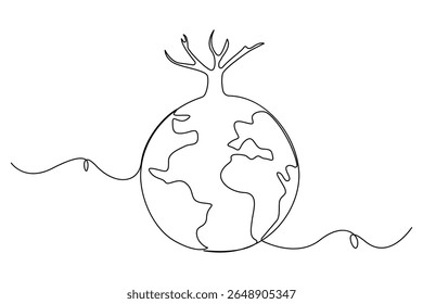 Continuous single line drawing of Earth with plant sprout symbol for sustainability and growth
