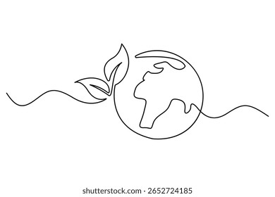 Continuous single line drawing of Earth with plant sprout symbol for sustainability and growth
