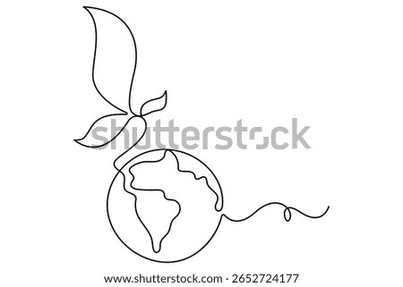 Continuous single line drawing of Earth with plant sprout symbol for sustainability and growth
