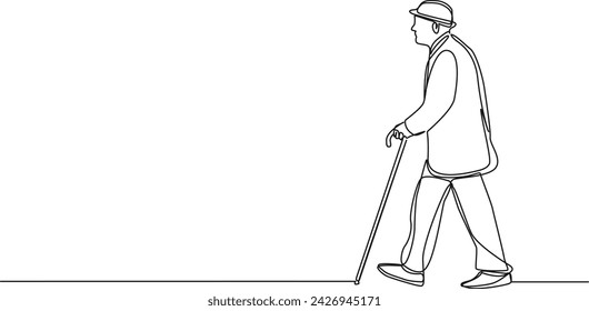 continuous single line drawing of elderly man walking with a cane, line art vector illustration