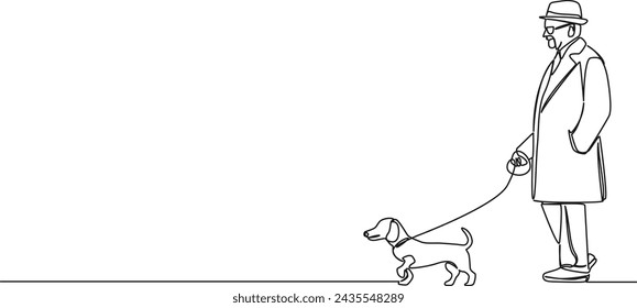 continuous single line drawing of elderly man walking his wiener dog, line art vector illustration