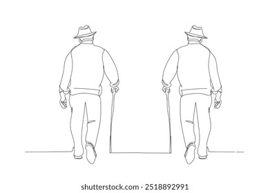 continuous single line drawing of elderly man walking with a cane, line art vector illustration. Elderly people support. Minimal outline concept. Vector illustration.   Handmade vector not AI.