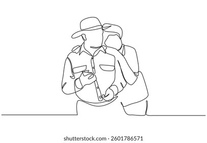 Continuous single line drawing of elderly couple walking hand in hand, Senior couple with walking cane leaving. Back view. Continuous line drawing.