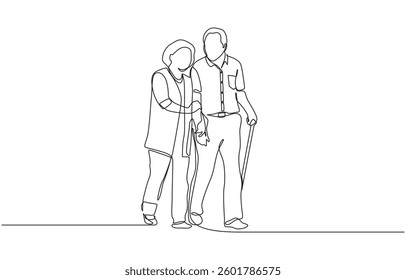 Continuous single line drawing of elderly couple walking hand in hand, Senior couple with walking cane leaving. Back view. Continuous line drawing.