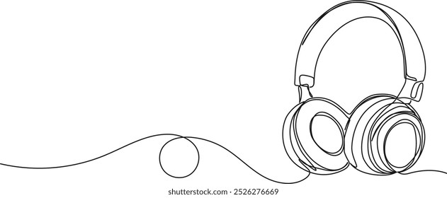 continuous single line drawing of ever-ear stereo headphones, line art vector illustration
