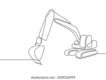 Continuous single line drawing of an excavator. Features a construction vehicle in a simple, hand-drawn style.