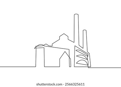Continuous Single Line Drawing of Factory Building Simple Sketch Isolated on White Background. Industrial Factory Minimalist Simple Linear Vector Illustration for Business Design.