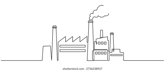 Continuous Single Line Drawing of Factory Building Simple Sketch Isolated on White Background. Industrial Factory Minimalist Simple Linear Vector Illustration for Business Design. Editable stroke