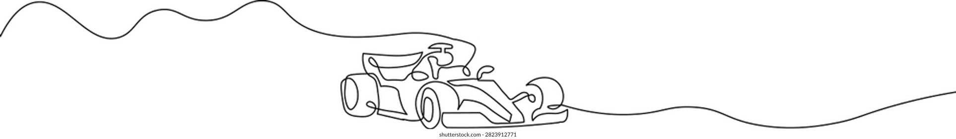 Continuous single line drawing of a fast formula racing car moving quickly on the track with a long curvy motion trail representing speed and competition
