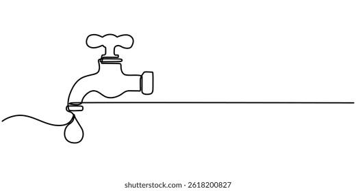 Continuous single line drawing of faucet water tap vector illustration, Water tap with flowing water in one line art style. Minimalist illustration for plumbing, water conservation.