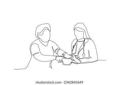 Dibujo continuo de una sola línea de una doctora que controla la presión arterial del paciente