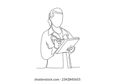 Continuous single line drawing of a female doctor is taking patient data with the pose of recording files