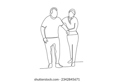 Continuous single line drawing of a female doctor guiding a patient to walk