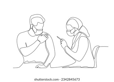 Dibujo continuo en una sola línea de una doctora que se prepara para inyectar a un paciente
