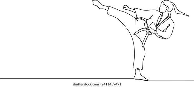 continuous single line drawing of female karateka practicing karate, line art vector illustration