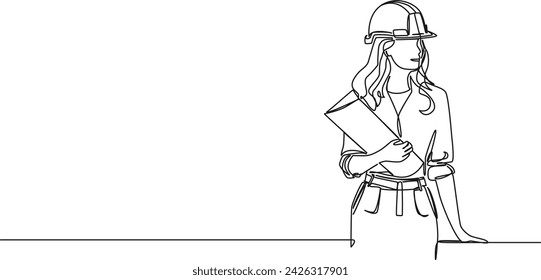 continuous single line drawing of female architect or engineer with hardhat holding construction plans, line art vector illustration