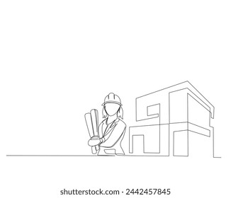 Dibujo continuo de una sola línea de la trabajadora de ingeniería que sostiene el papel del modelo y el inmueble moderno de la casa. Arquitecto sosteniendo el papel de plano de una sola línea ilustración vectorial. Trazo editable.