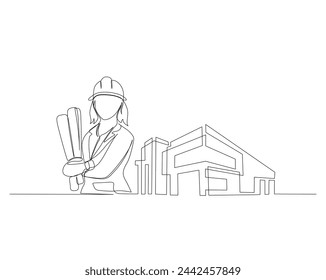 Continuous single line drawing of female engineer worker holding blueprint paper and modern house real estate. Architect holding blueprint paper single line vector illustration. Editable stroke.