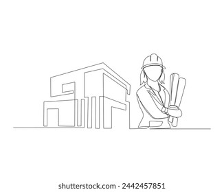 Continuous single line drawing of female engineer worker holding blueprint paper and modern house real estate. Architect holding blueprint paper single line vector illustration. Editable stroke.