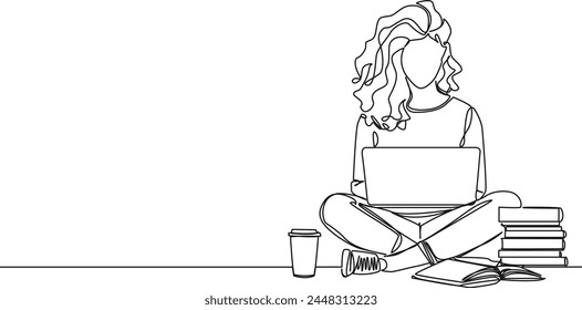 continuous single line drawing of female college student using laptop computer on her lap, line art vector illustration