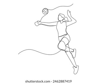 Continuous single line drawing female volleyball athlete looking at the ball jumps high to smash. sport training concept. volleyball competition. Design vector illustration