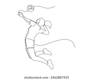 Continuous single line drawing of female volleyball athlete jumps high to smash the ball at the opponent. sport training concept. volleyball competition design vector illustration