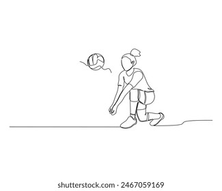Continuous single line drawing of female volleyball player squats while blocking the opponent's attacking ball. volleyball tournament event . Design illustration